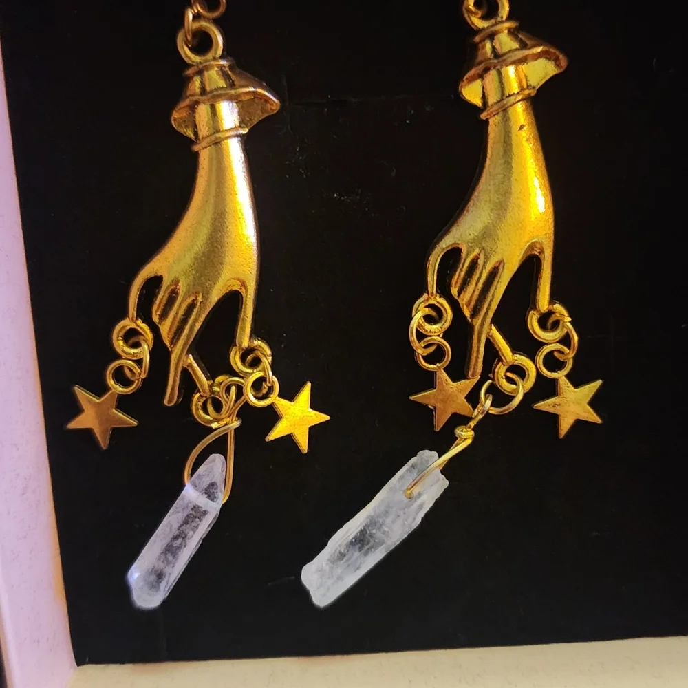 Vintage Homemade Stars And Clear Quartz Charm Hand Earrings